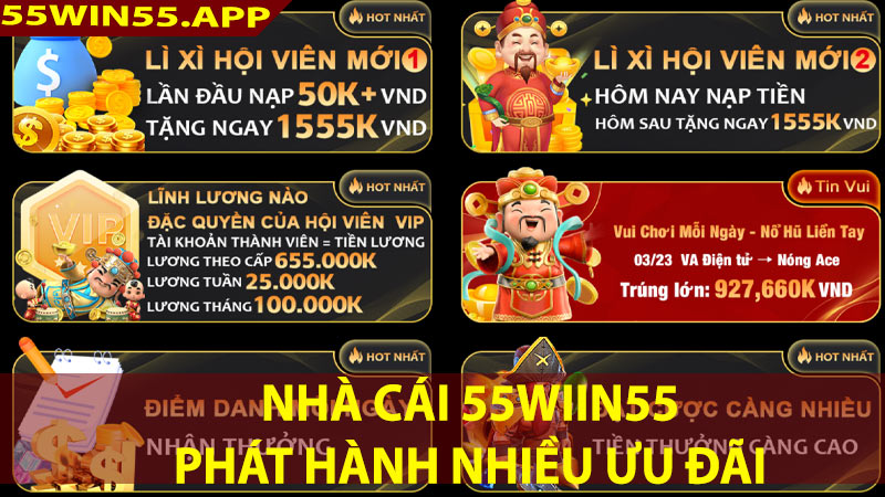 Nhiều ưu đãi khuyến mãi được phát hành đến người chơi tại nhà cái 55win55